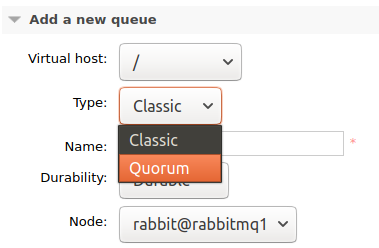 Fig 8. Quorum queue appears in the new queue type drop-down